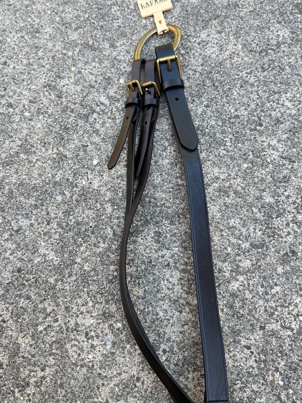 Lauren Ralph Lauren Black Leather Double-Strap Belt with Gold Ring Accent - Picture 8 of 10